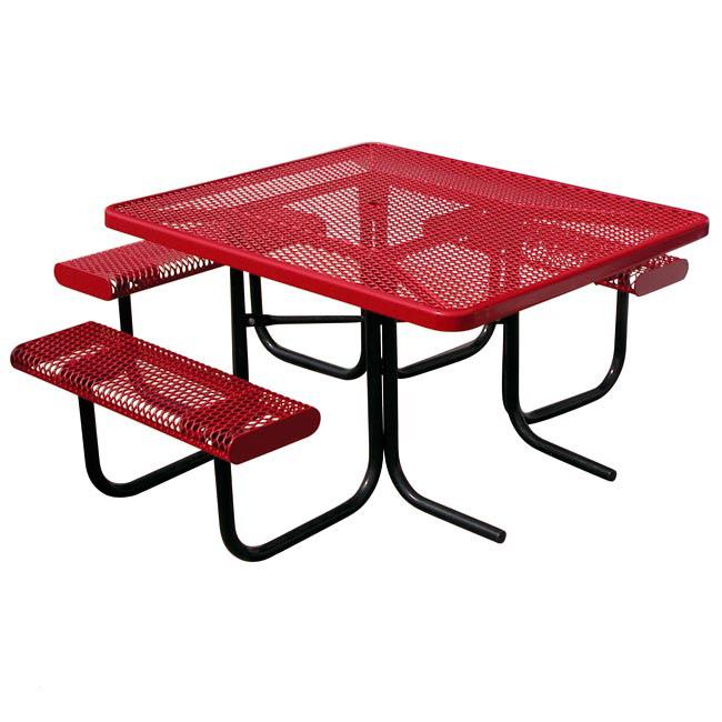 ADA Picnic Table with red perforated metal top and seats, black welded frame, ADA-compliant accessible design for inclusive outdoor spaces