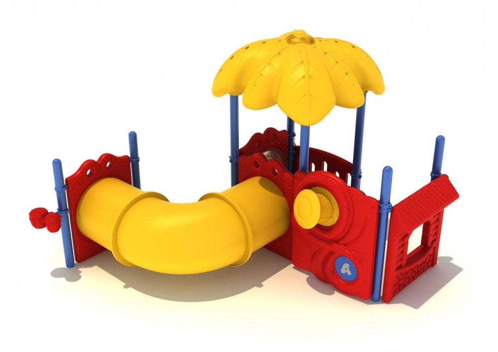 Compact children's playground with bright yellow curved crawl tube, red activity panels, blue supports, and large yellow leaf-shaped roof.