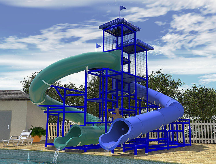 The Bering Sea Water Slide with dual curved enclosed green and blue slides, metal frame by a pool under clear sky