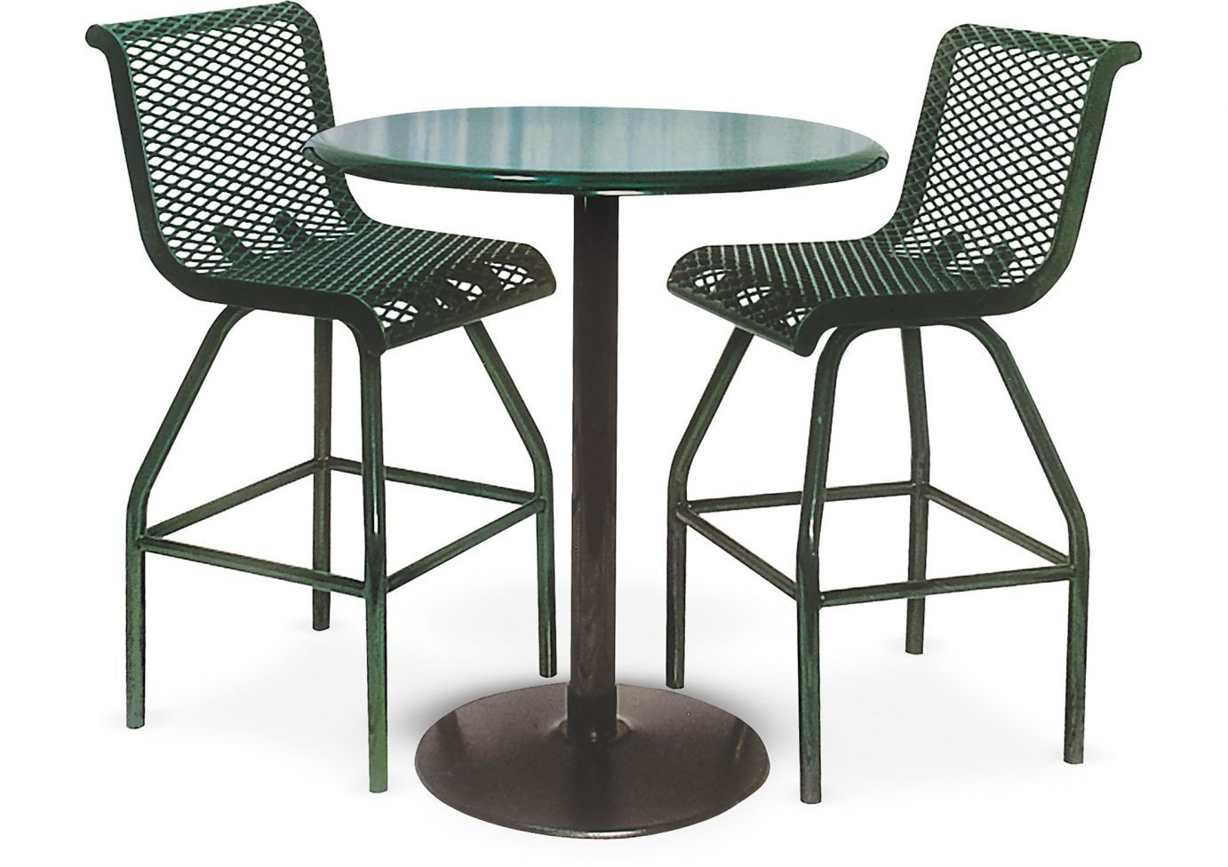 Round Food Court Table with dark metal round top, sturdy single pedestal base, and two matching mesh metal chairs
