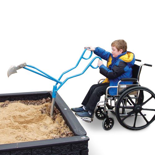 Sand Digger (ADA Compliant) with molded aluminum shovel, 360-degree ball bearing, attached to sandbox, child in wheelchair using it