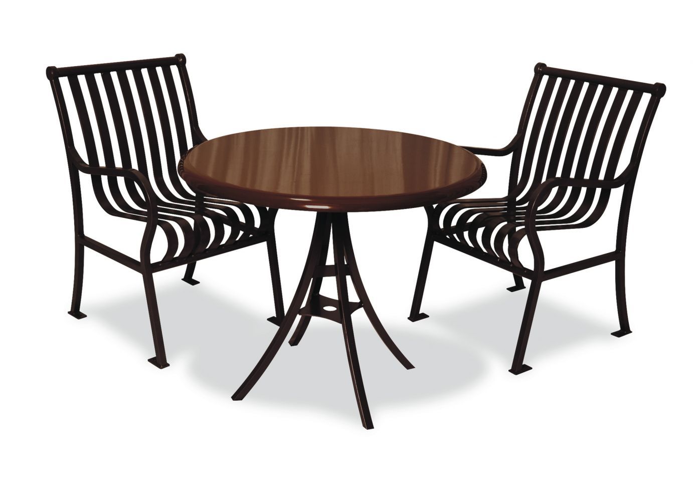 36" Round Hamilton Table with dark brown metal frame and slatted armchairs, modern outdoor dining set for parks and community spaces