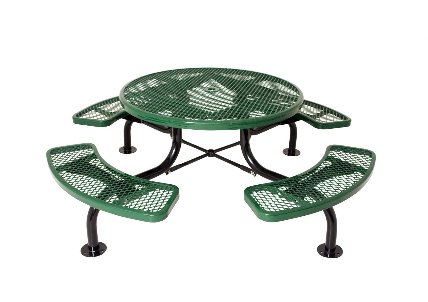 Green powder-coated metal outdoor picnic table with round perforated top and attached curved benches, ADA-compliant design