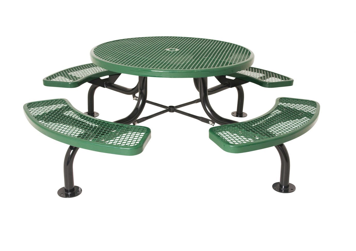 ADA Span Leg Table with green perforated round top, curved benches, and black powder-coated frame for outdoor picnic seating
