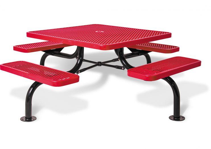 Square outdoor picnic table with red perforated metal top and benches, black powder-coated ADA-compliant frame