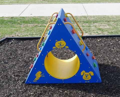 Blue triangular climbing wall with colorful handholds and yellow tunnel featuring animal figure panels for outdoor play.