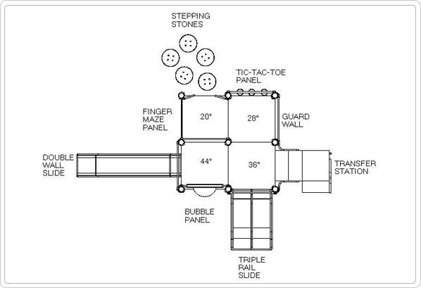 Overhead view of modular playground with climbing panels, stepping stones, double and triple slides, and interactive play stations