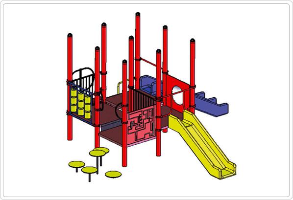 Modular playground with red posts, yellow and blue slides, climbing platforms, stepping stones, and interactive panels including tic tac toe and finger maze.