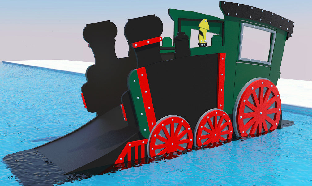 Green and black train-themed commercial water slide with red wheels and rivet details, partially submerged in water