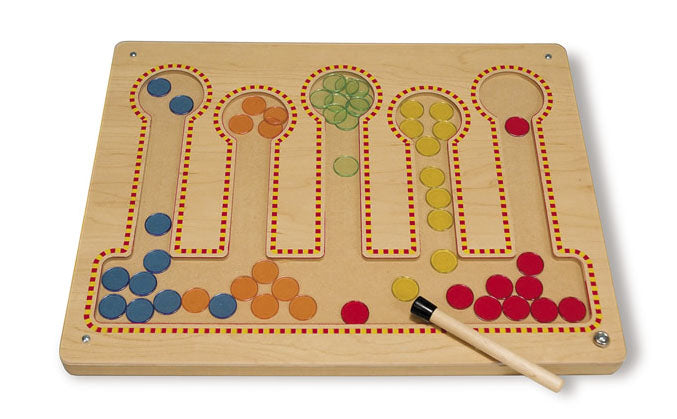 Magnetic Color Sorter wooden board with five color-coded paths, magnetic wand, and colored chips for sorting and color recognition