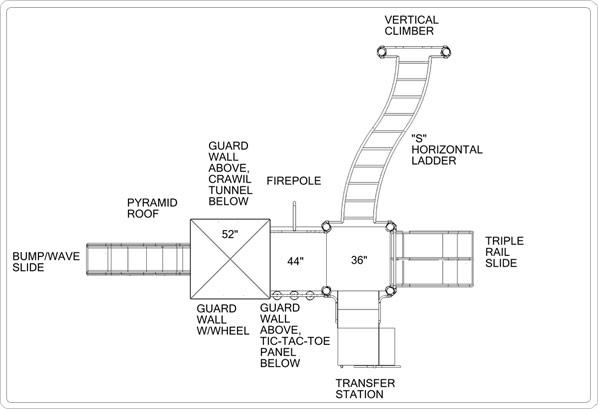 Overhead view of modular playground with wave slide, triple rail slide, vertical climber, firepole, tic-tac-toe panel, horizontal ladder, transfer station, crawl tunnel, and guard walls.