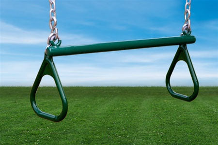 Ring And Acrobatic Trapeze Swing green with zinc-plated chains, triangular rings, and S-hook against blue sky and grass background