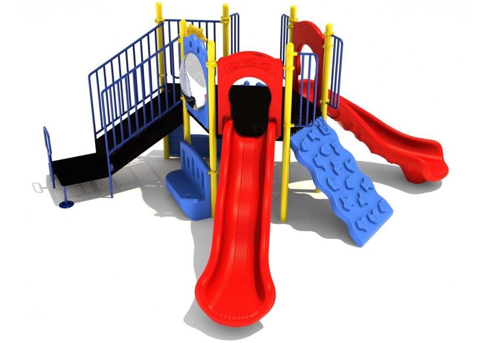 Compact playground structure with two red slides, blue climbing wall, black stairs, and yellow support poles.