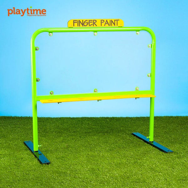 Green and yellow finger paint art board with built-in cup holders and wipe-clean surface on artificial grass