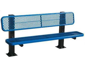 Blue metal outdoor bench with perforated diamond plank seat, bolted square post supports, and powder-coated finish.