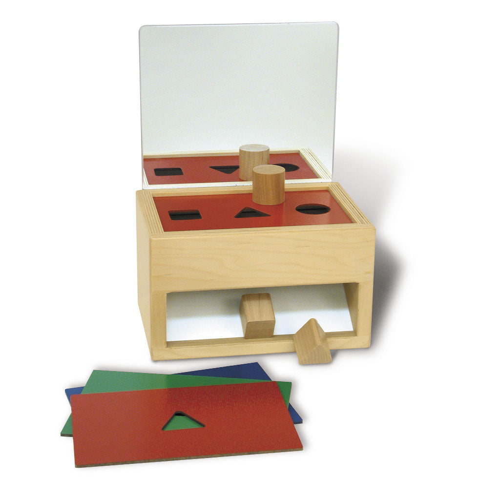 Shape Sorter with Mirror wooden toy featuring geometric shape cutouts, removable plates, and attached mirror for child engagement