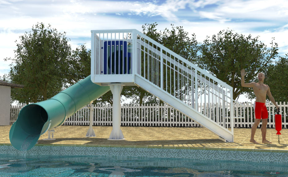 Ruby Falls Water Slide with open stair and green enclosed tube slide beside pool, man in red swim trunks waving