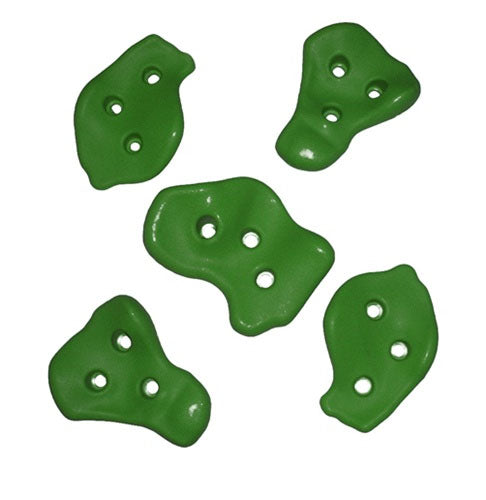 Climbing Rocks - Green And Yellow set of eight green climbing holds with multiple grip holes for swing set accessories