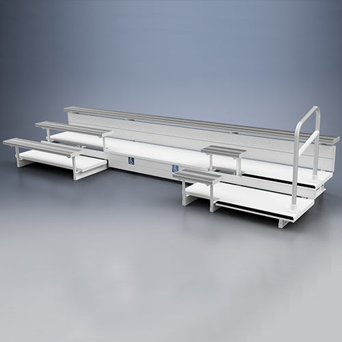 3 Row ADA Series Bleachers with aluminum frame, wheelchair seating, companion seats, and handrail on one end
