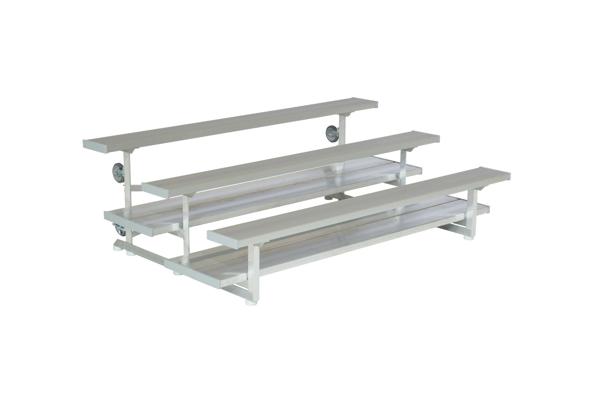 2 Row Tip N' Roll Preferred Bleachers with lightweight aluminum frame, anodized aluminum seats, and caster wheels for mobility