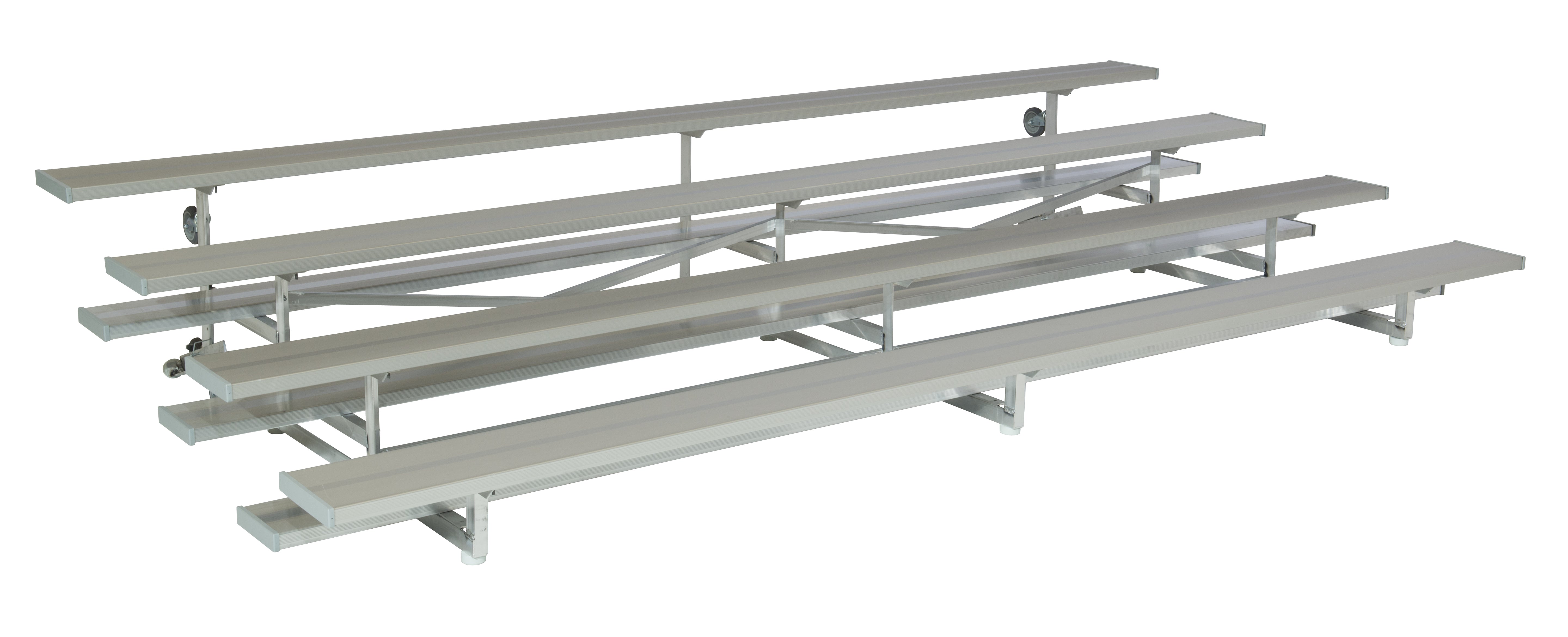 Aluminum low-rise bleachers with three rows of seating, tip-and-roll design, caster wheels, and rubber foot pads for mobility and floor protection