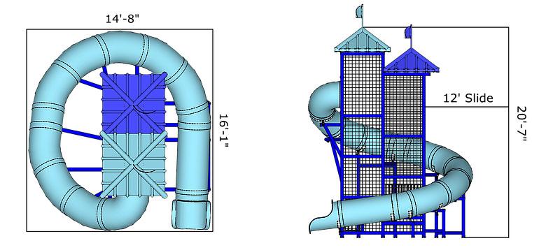 Curved blue water slide with dual towers, foam-padded metal frame, and mesh safety netting, shown from side and top views