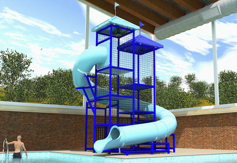 Blue-framed curved water slide with light blue flumes and mesh safety netting beside a pool with a swimmer