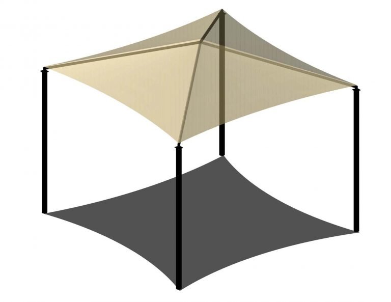 Pyramid Roof Shade Structure with 4 black posts and beige pyramid canopy casting a square shadow, outdoor UV-blocking shade
