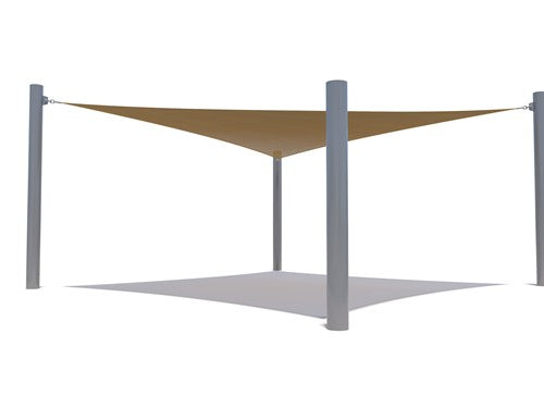 Desert sand-colored hyperbolic fabric shade with four tall gray metal posts creating a 4-point sail structure