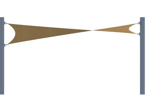Hyperbolic fabric shade structure tensioned between four tall posts in desert sand color with varying column heights