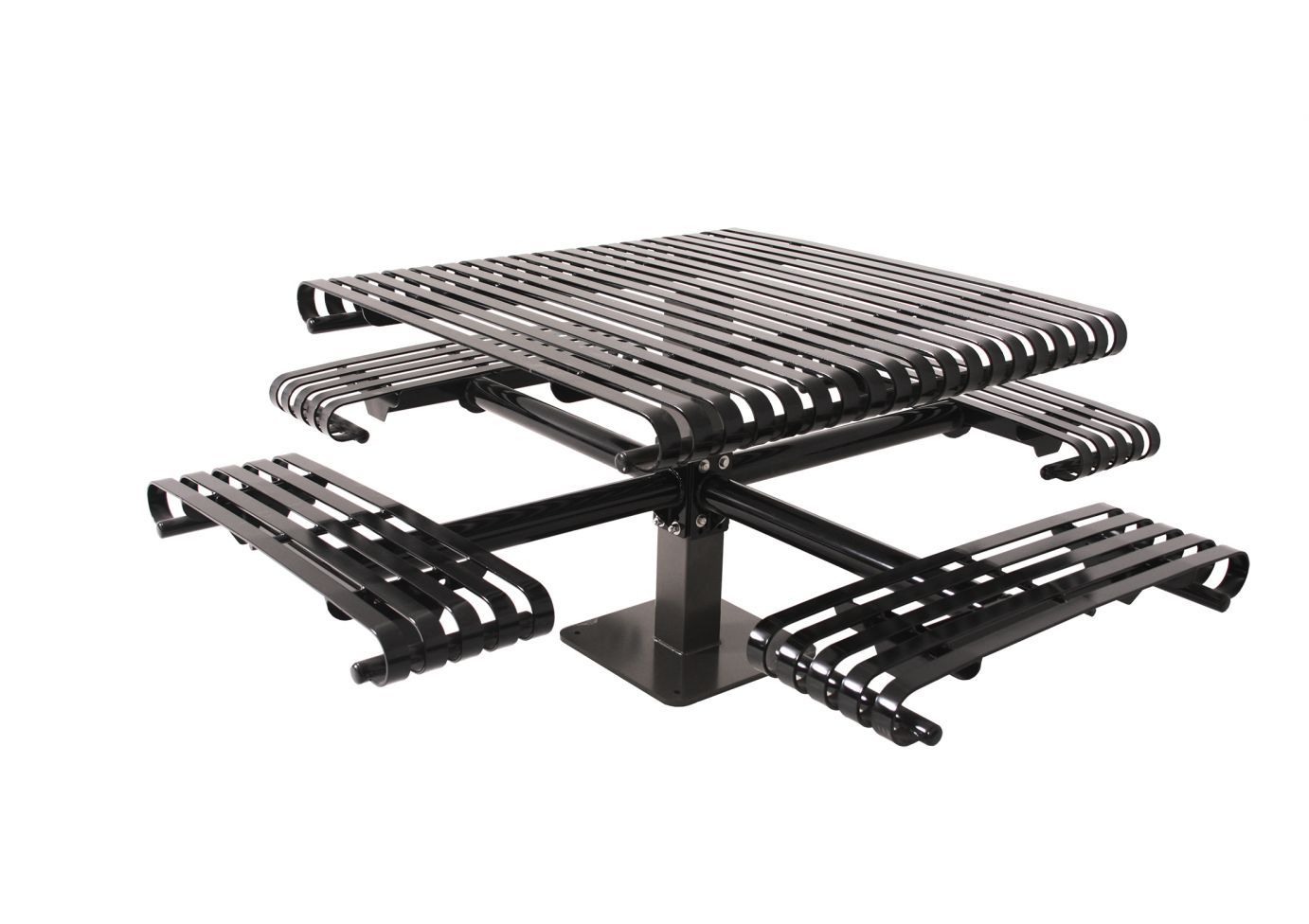 46" Kensington Table with black steel rolled slat design and attached benches, modern square outdoor picnic table