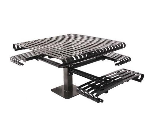 Kensington ADA 3-Seat Table with black rolled metal slat top and seats, single pedestal base, outdoor picnic table