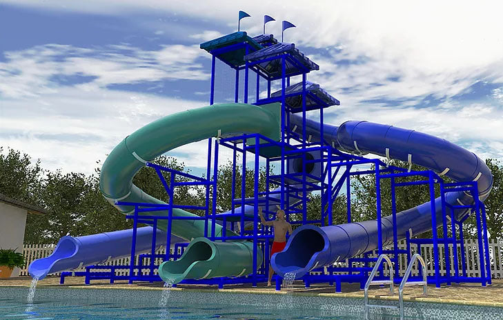 The Indian Ocean Water Slide with three large blue and green curved slides beside a pool and a person climbing the structure