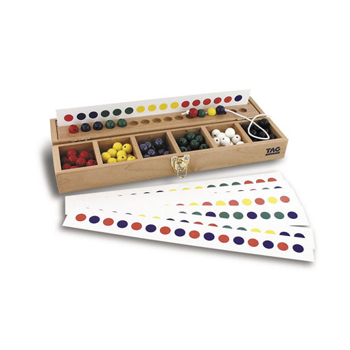Sorting And Sequencing Program with wooden box, colorful beads sorted by color, pattern cards, and lacing string for pattern matching and sequencing skills development