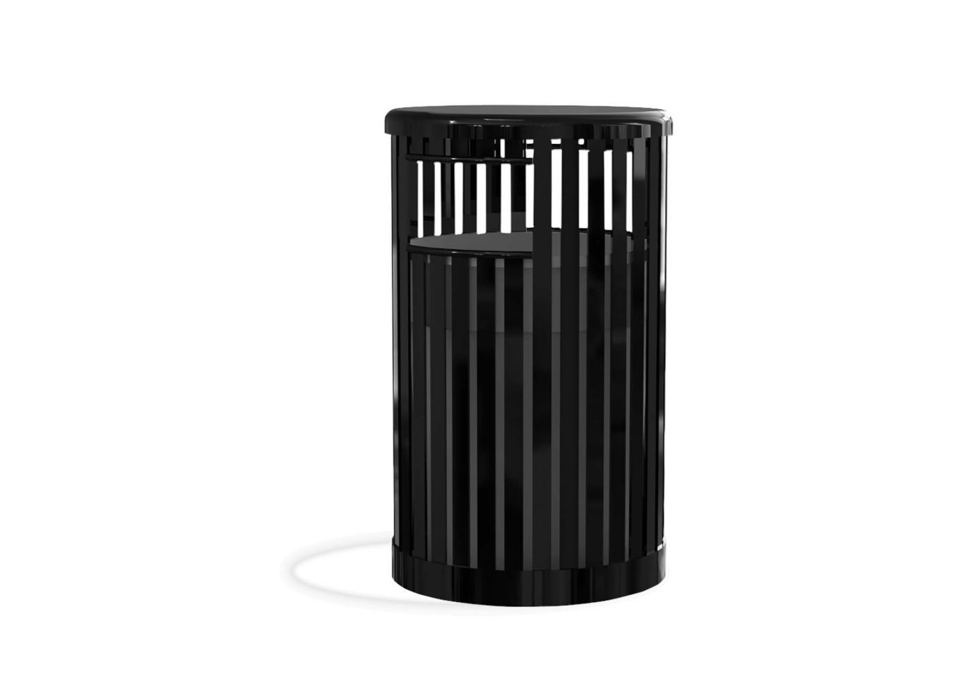 Kensington Trash Receptacle with black powder coat, rolled vertical slats, solid top, and side-loading design