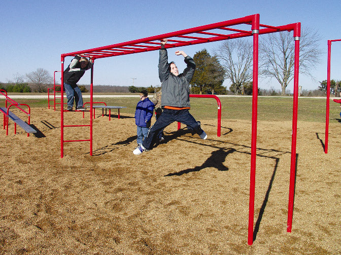 Horizontal Ladder Challenge playground climbing equipment with red painted metal bars and children playing outdoors on wood chip ground
