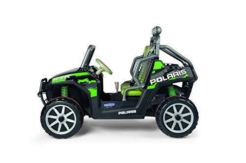 Green and black kids' electric ride-on vehicle with side-by-side bucket seats, roll bar, and large traction wheels