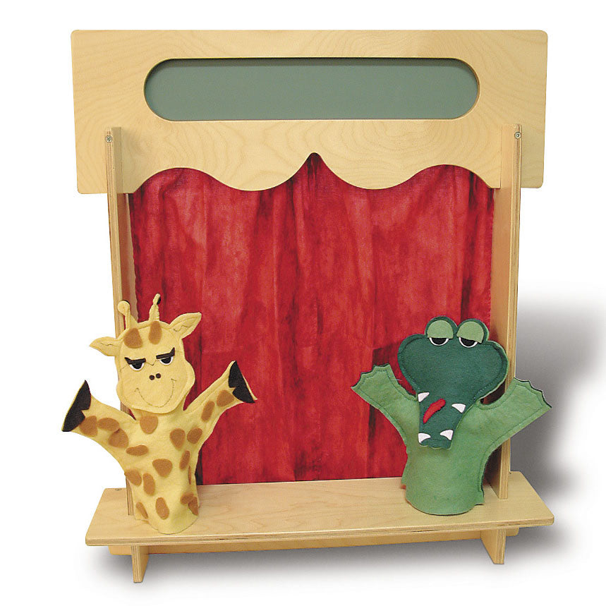 Puppet Theatre with solid wood frame, red curtain, chalkboard marquee, featuring giraffe and crocodile hand puppets