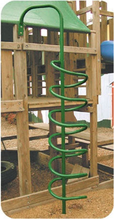 Residential Corkscrew Climber with green powder-coated steel spiral ladder attached to wooden playset deck, residential swing set accessory.