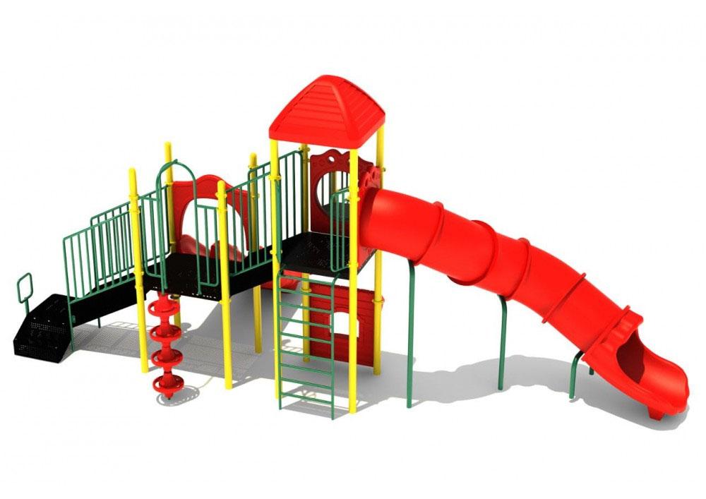 Colorful playground structure with stairs, vertical ladder, pod climber, bubble panel, store panel, bongos, and curved red tube slide