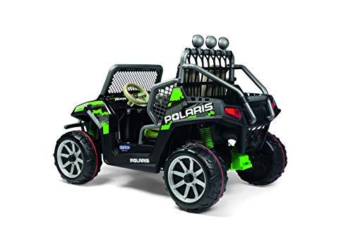 Black and green electric ride-on vehicle with off-road tires, side-by-side bucket seats, roll bar, and front lights