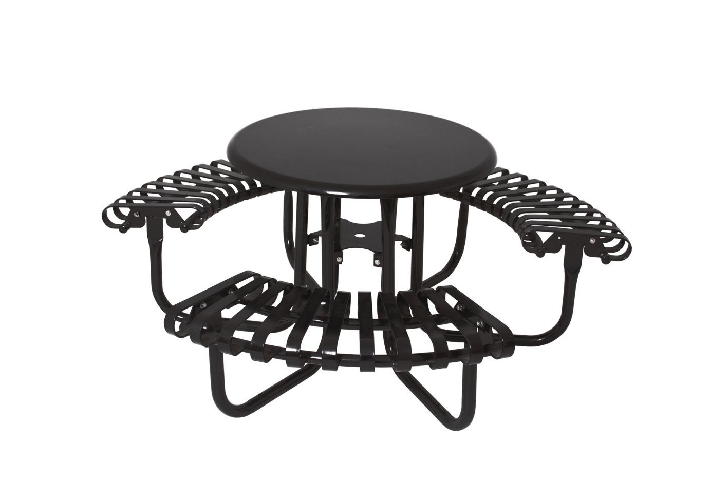 46" Kensington Round black steel outdoor park table with curved slat benches and powder-coated finish
