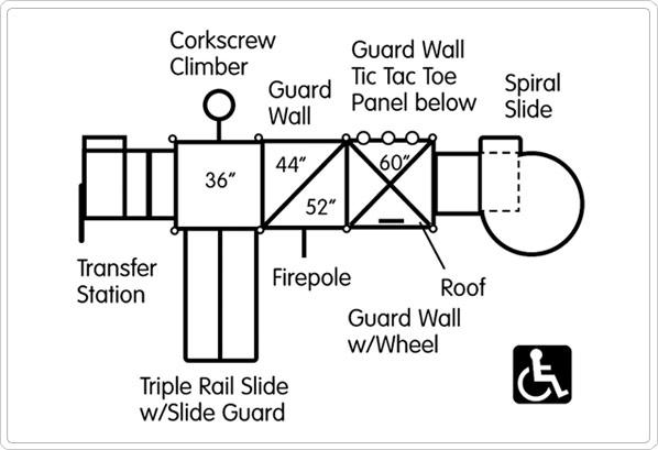 Overhead view of a modular playground with corkscrew climber, triple rail slide, spiral slide, firepole, tic tac toe panel, and guard walls