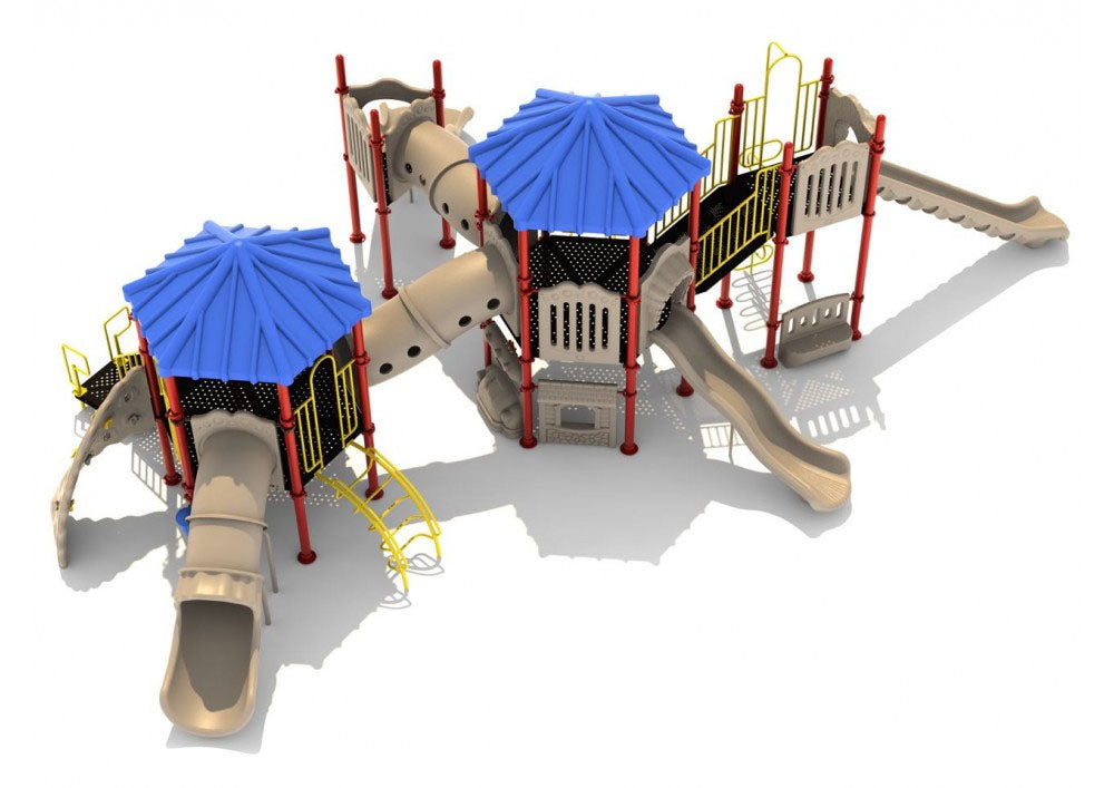 Large colorful playground structure with blue roofs, beige slides, red posts, yellow climbers, and multiple crawl tubes.