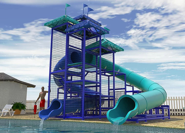 The Red Sea Water Slide with two curved blue and teal slides, metal frame, and poolside setting under a partly cloudy sky
