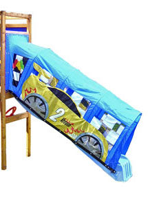 Speed Fantaslide Slide Attachment with colorful race car tunnel design on wooden playset slide