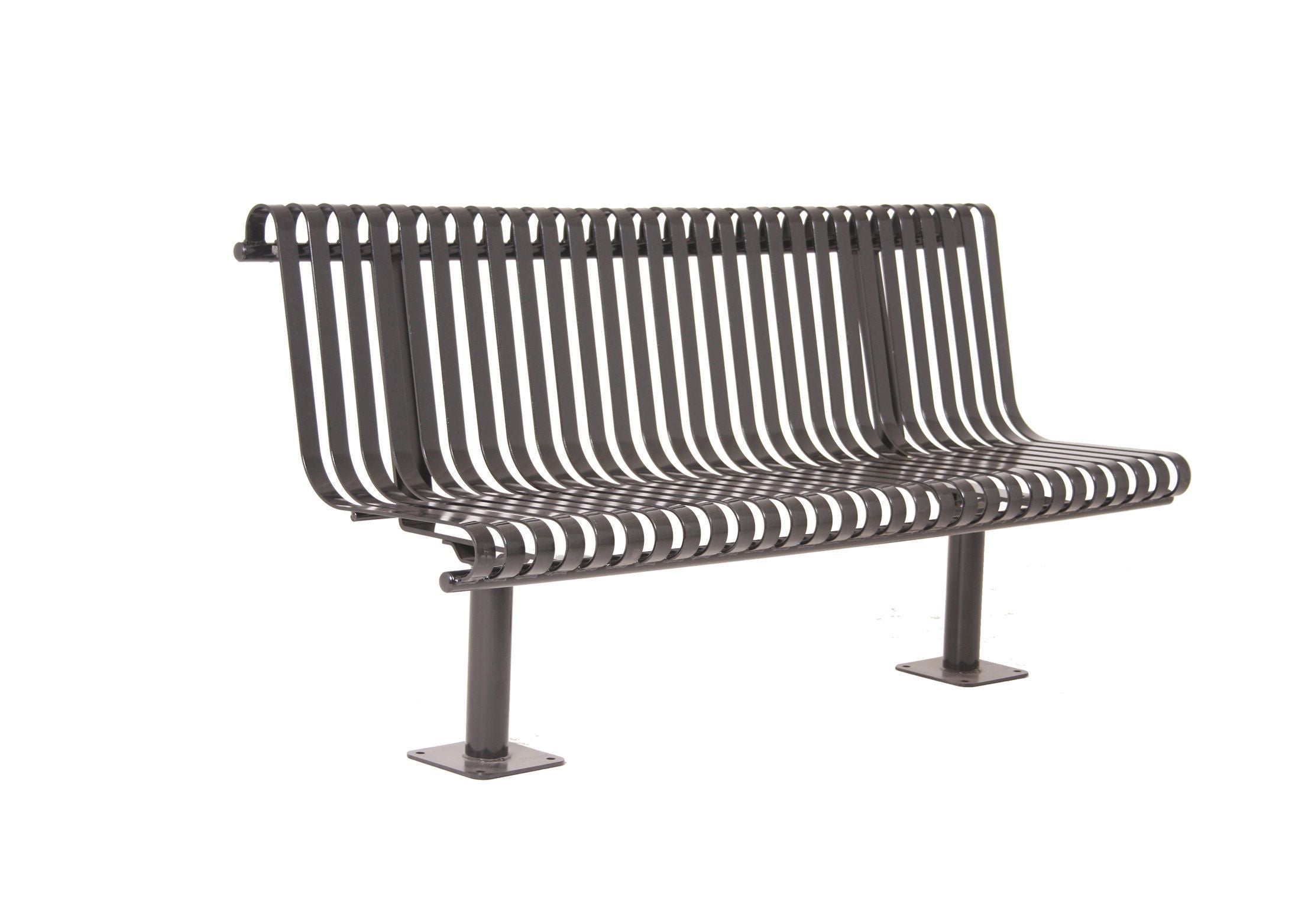 Kensington Bench with Back, black powder-coated metal, rolled vertical slats, two-leg design, outdoor park seating
