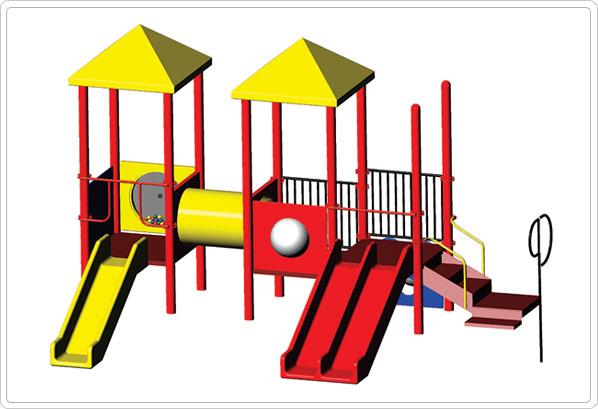 Colorful modular playground with dual yellow-roofed towers, triple slide, crawl tunnel, climbing stairs, and interactive panels