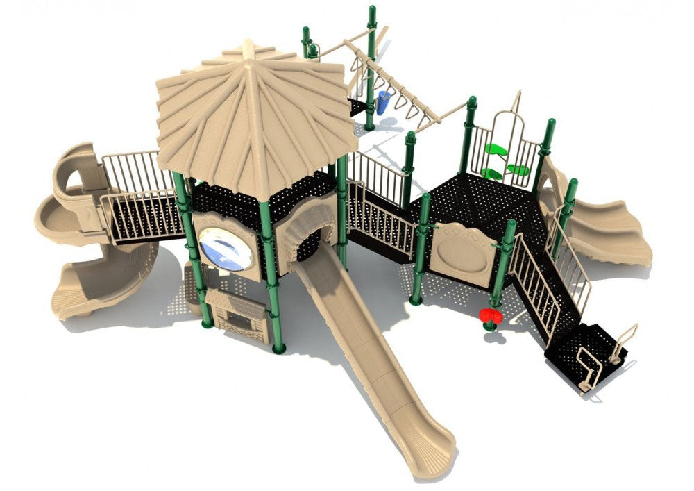 Large beige and green playground structure with multiple slides, climbing walls, swinging rings, and interactive play panels.
