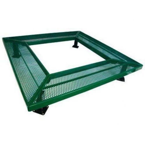 Square Mall Bench without Back in green powder-coated metal with diamond pattern, geometric outdoor seating frame
